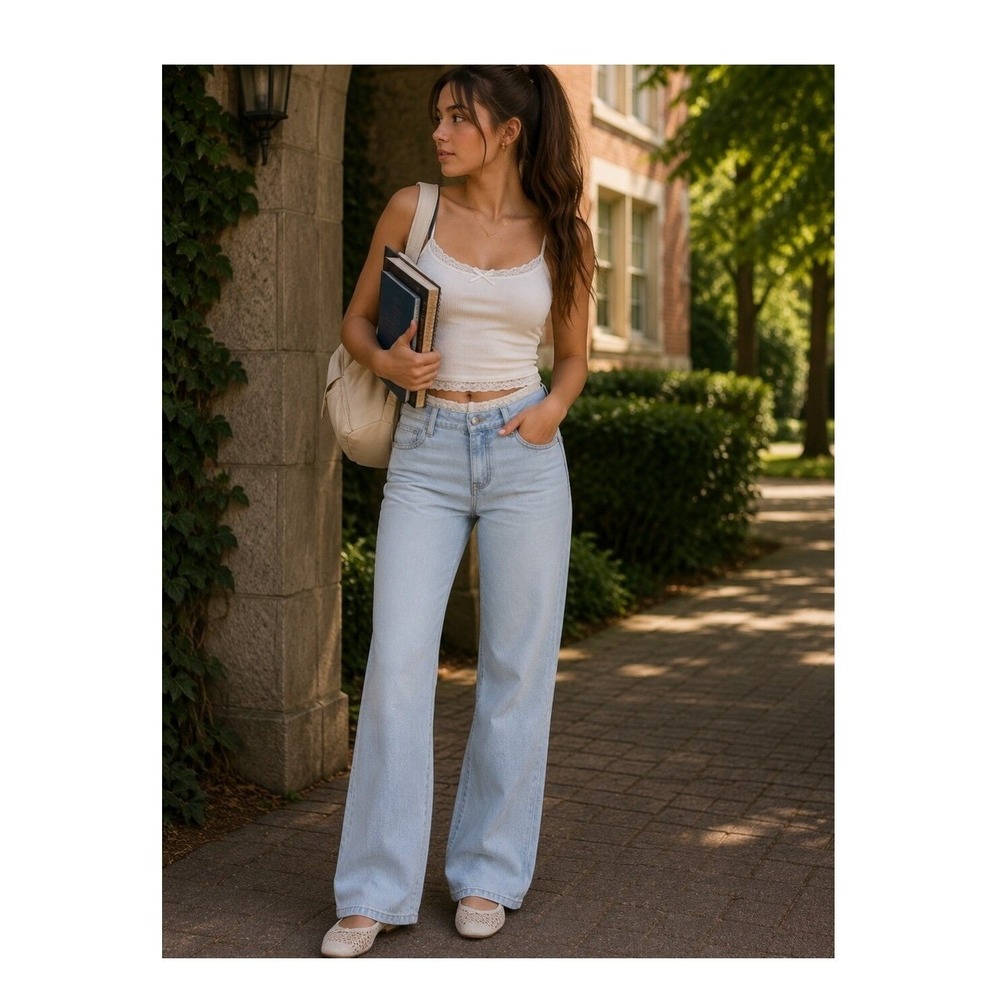 Lace Waist Wide Leg Mid Rise Baggy Jeans Light Wash Juniors Size 12 New NWT